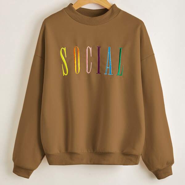 

Drop Shoulder Letter Embroidery Pullover, Brown