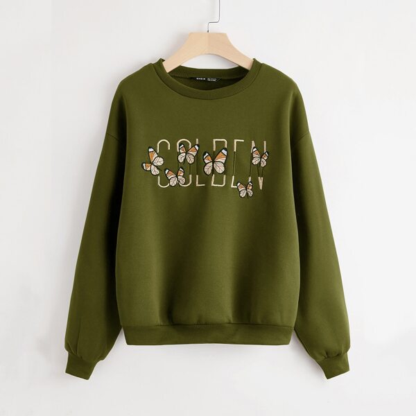 

Butterfly & Letter Embroidered Drop Shoulder Thermal Sweatshirt, Olive green