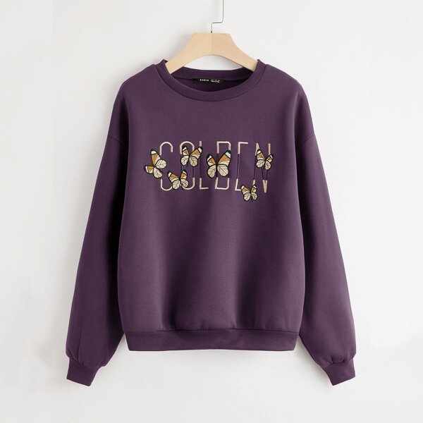 

Butterfly & Letter Embroidered Drop Shoulder Thermal Sweatshirt, Purple