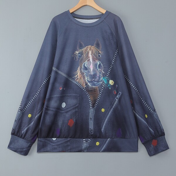 

Plus 3D Horse Print Raglan Sleeve Sweatshirt, Navy blue