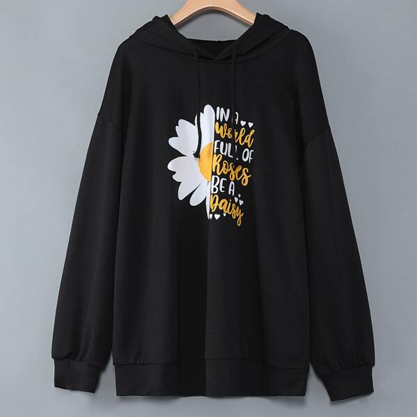 

Plus Slogan & Flower Print Hoodie, Black