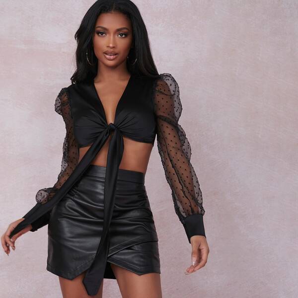 

Dobby Mesh Gigot Sleeve Tie Front Satin Top, Black