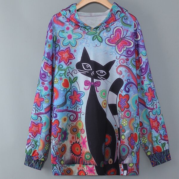 

Plus Cat & Floral & Butterfly Print Hoodie, Multicolor