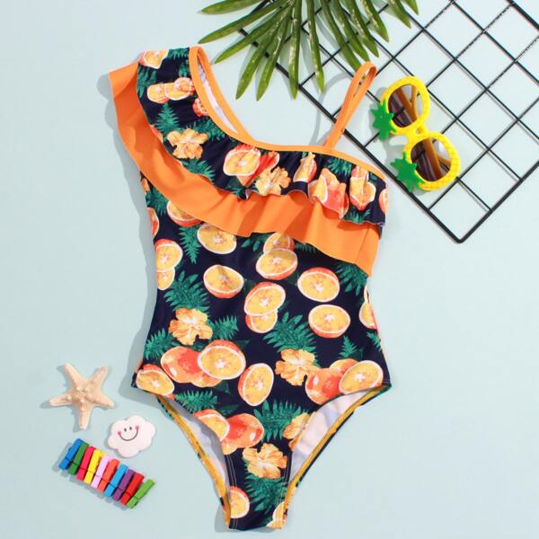 

Girls Orange Print Ruffle One Piece Swimsuit, Multicolor