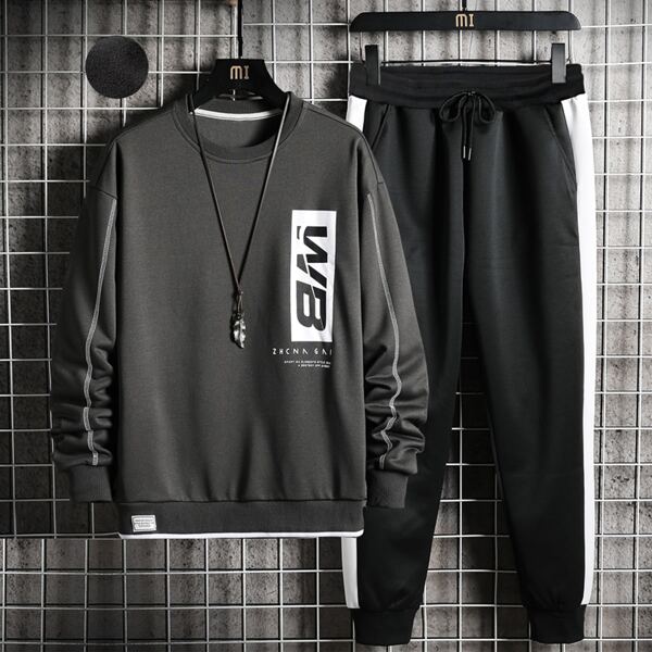 

Men Letter Graphic Sweatshirt With Sweatpants, Dark grey