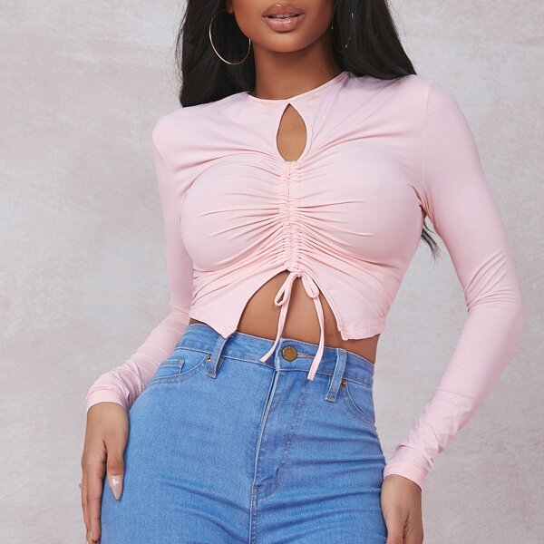 

Drawstring Front Peekaboo Tee, Baby pink