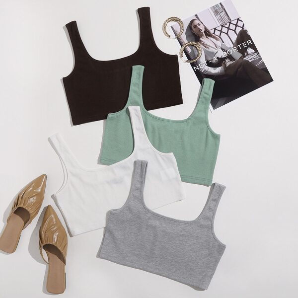 

4pcs Rib Knit Crop Tank Top, Multicolor