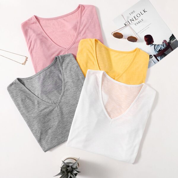 

4pcs V Neck Tee, Multicolor