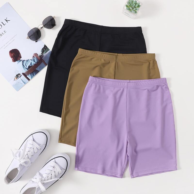 

3pcs Solid Biker Shorts, Multicolor
