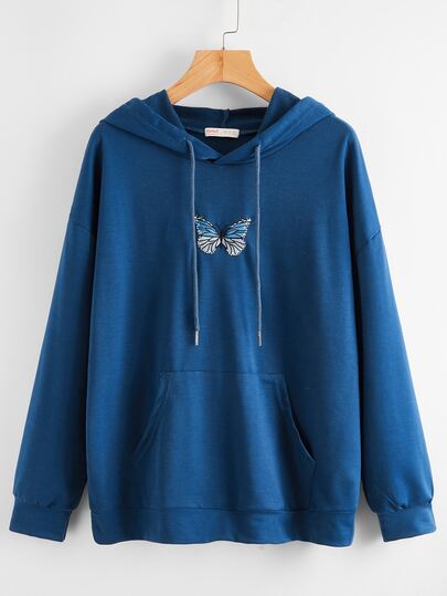 Kangaroo Pocket Butterfly Embroidery Drawstring Hoodie