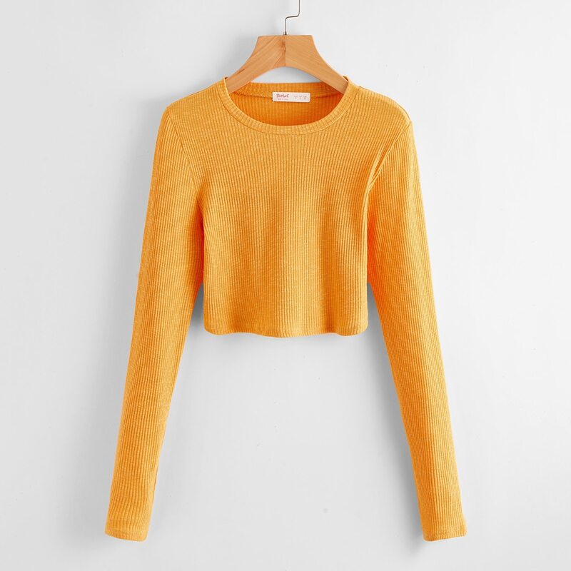 

Solid Ribbed Crop Tee, Mustard yellow