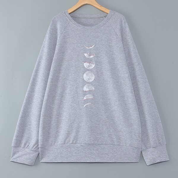 

Plus Moon Print Raglan Sleeve Sweatshirt, Grey