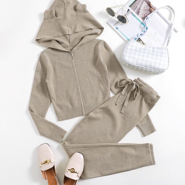 

Zip Up Hooded Cardigan With Ear and Knit Pants Set, Khaki