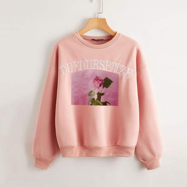 

Drop Shoulder Letter Embroidery Floral Thermal Pullover, Coral pink