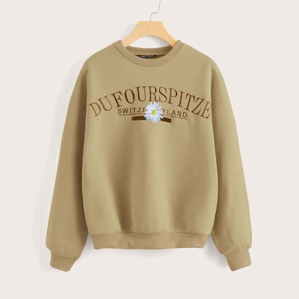 

Drop Shoulder Letter & Floral Embroidery Thermal Pullover, Khaki