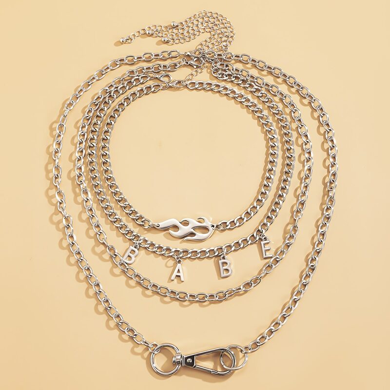 

4pcs Flame & Letter Charm Necklace, Silver