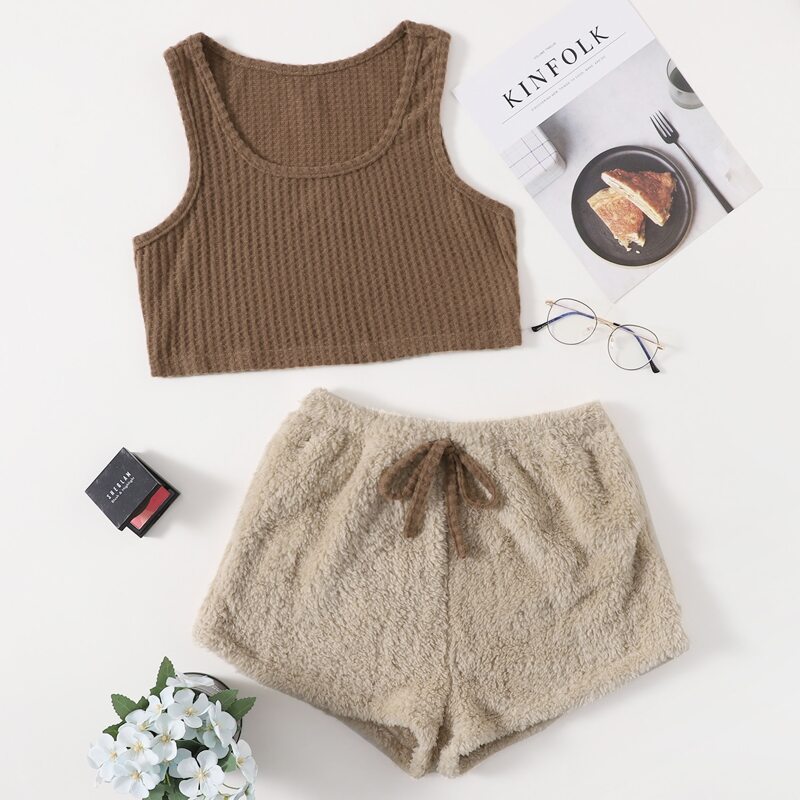 

Waffle Knit Top With Knot Teddy Shorts Lounge Set, Multicolor