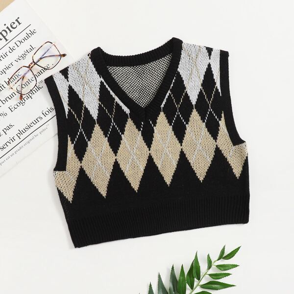 

Argyle Pattern Crop Sweater Vest, Multicolor