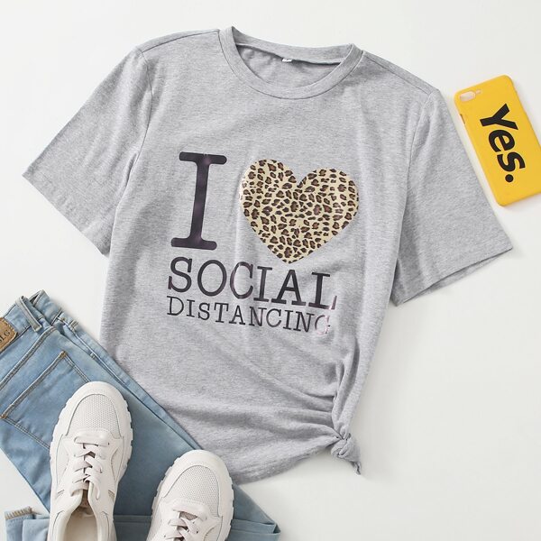 

Slogan & Heart Print Tee, Light grey