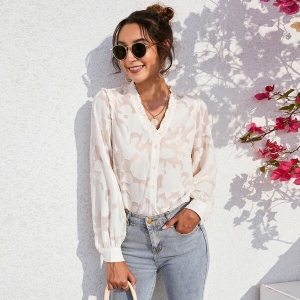 

Solid Button Through Frill Trim Blouse, White