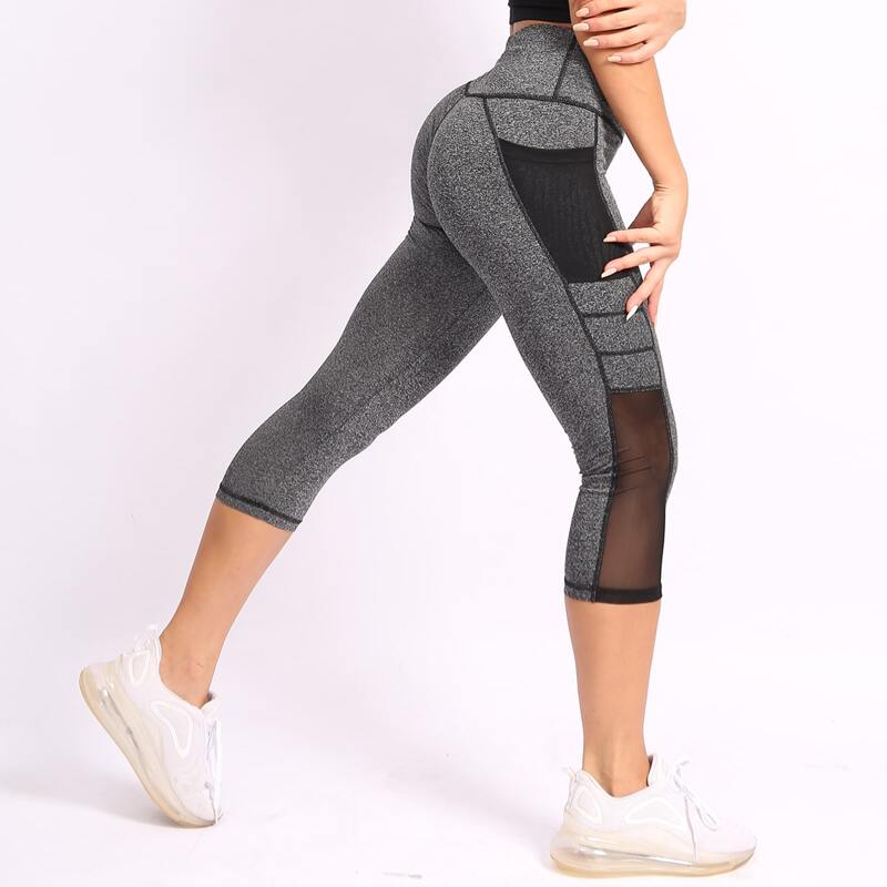 

Contrast Mesh Capris Sports Leggings With Phone Pocket, Dark grey