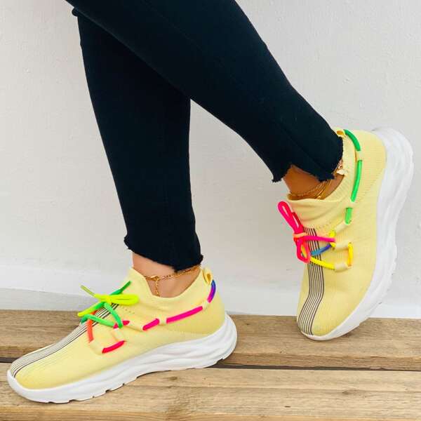 

Lace-up Decor Striped Knit Sneakers, Yellow