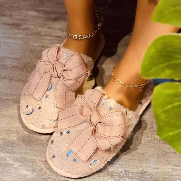 

Bow Decor Fluffy Slippers, Pink