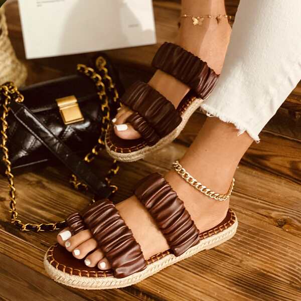 

Ruched Espadrille Heeled Thong Sandals, Coffee brown
