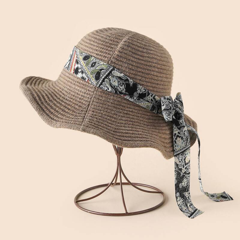 

Bow Decor Knit Bucket Hat, Coffee brown
