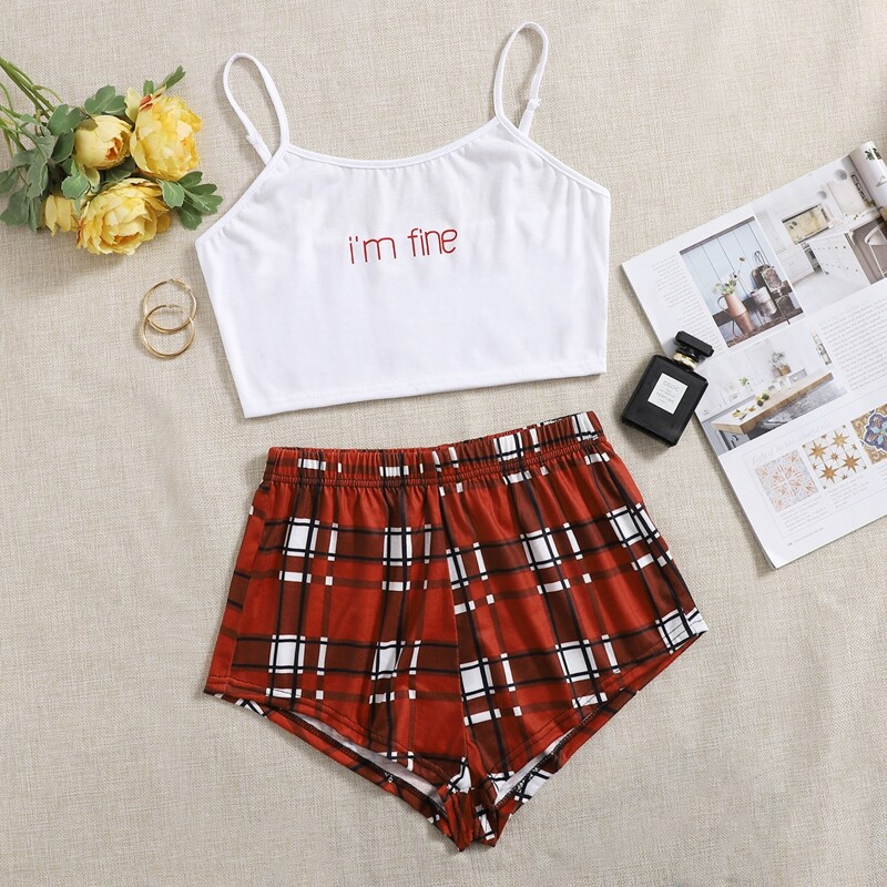 

Slogan Graphic Cami Top & Plaid Shorts PJ Set, Red and white