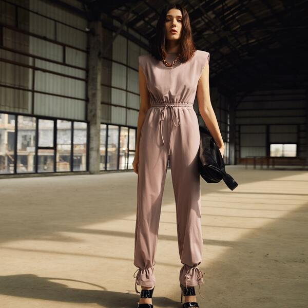 

Shoulder Pad Drawstring Waist Jumpsuit, Dusty pink