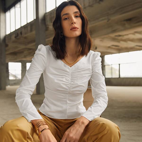 

Ruched Front Solid Top, White