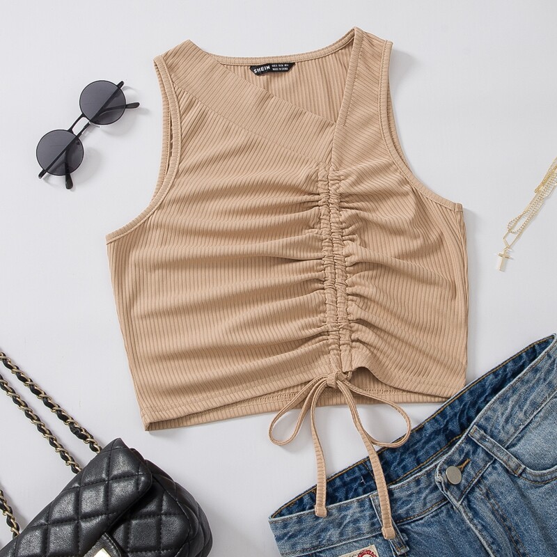 

Drawstring Front Solid Tank Top, Apricot