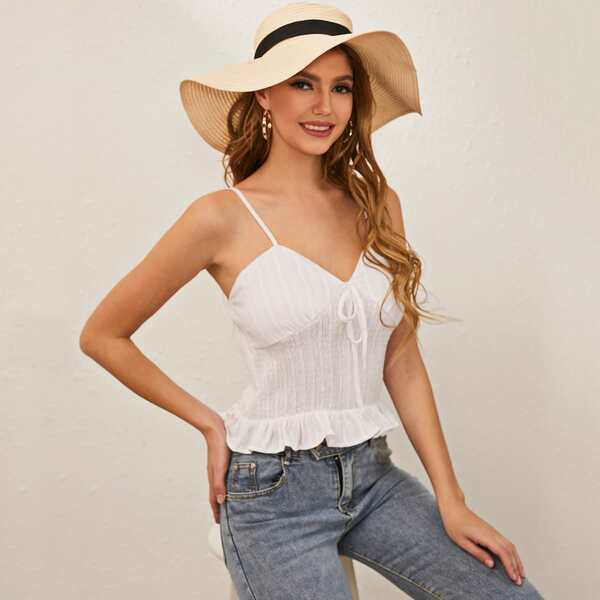 

Knot Front Shirred Ruffle Hem Cami Top, White