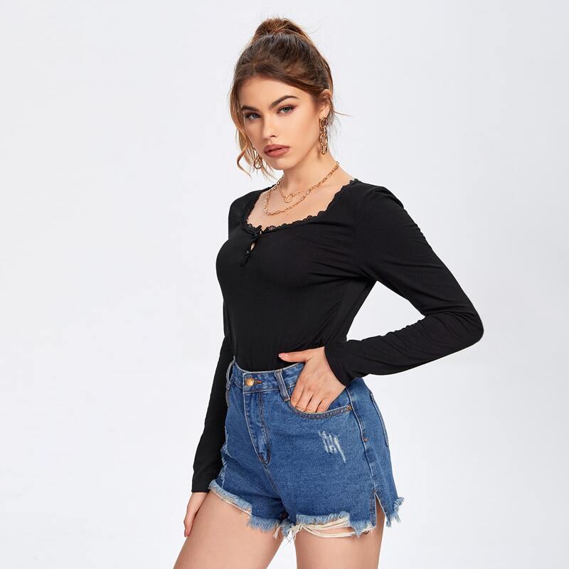

Lace Trim Half Placket Tee, Black