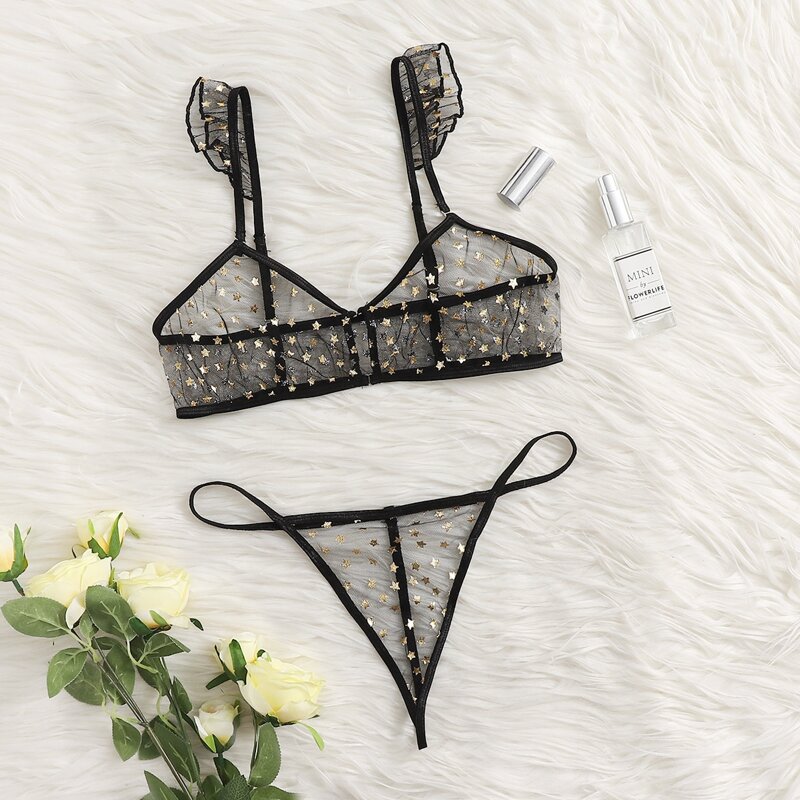 

Star Pattern Mesh Thong Lingerie Set, Black