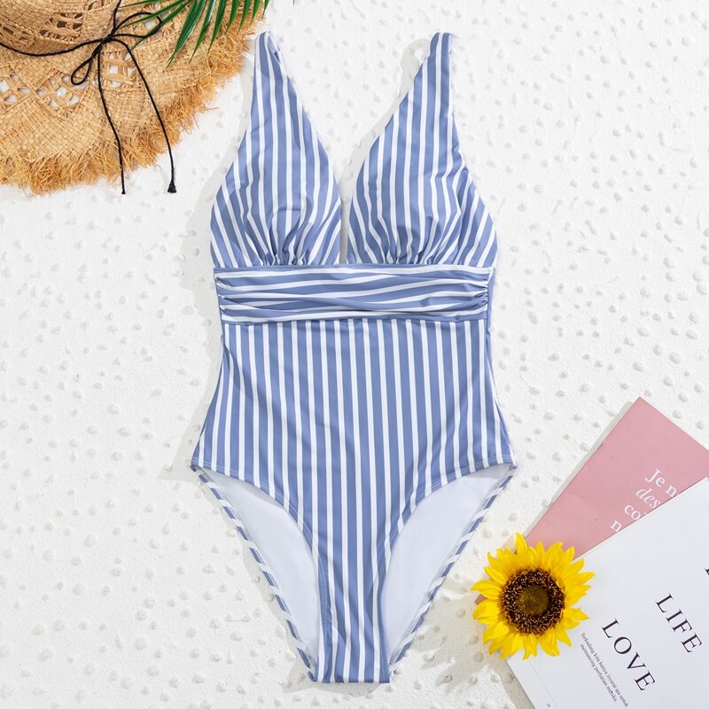

Striped Plunging One-Piece Swimsuit, Blue and white