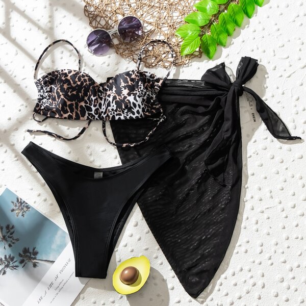 

3pack Leopard Bikini Swimsuit & Mesh Cover Up, Multicolor