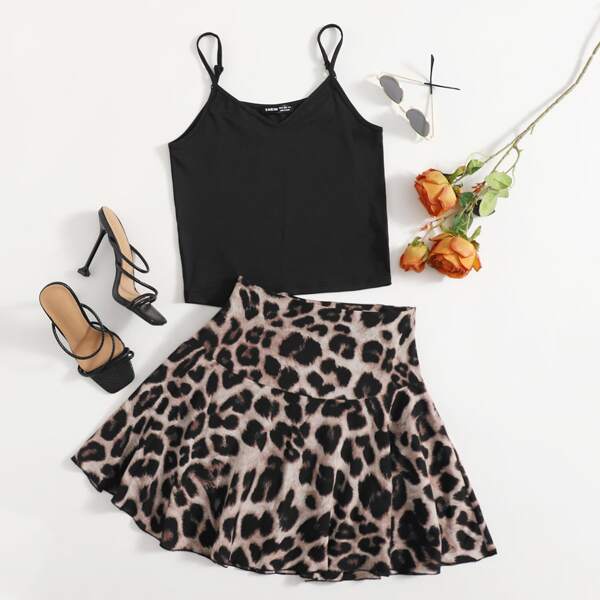 

Cami Top & Wide Waistband Leopard Skirts Set, Multicolor