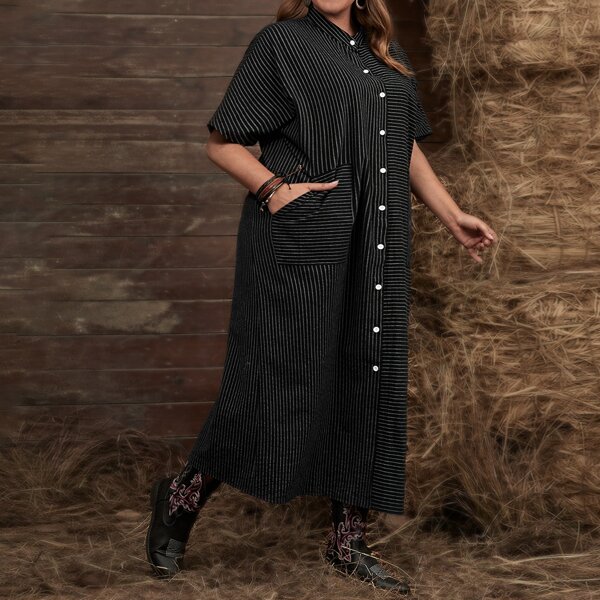 

Plus Striped Print Button Front Dual Pocket Shirt Dress, Black