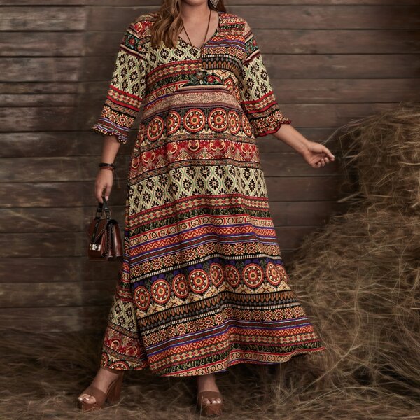 

Plus V-neck Floral Print Maxi Dress, Multicolor