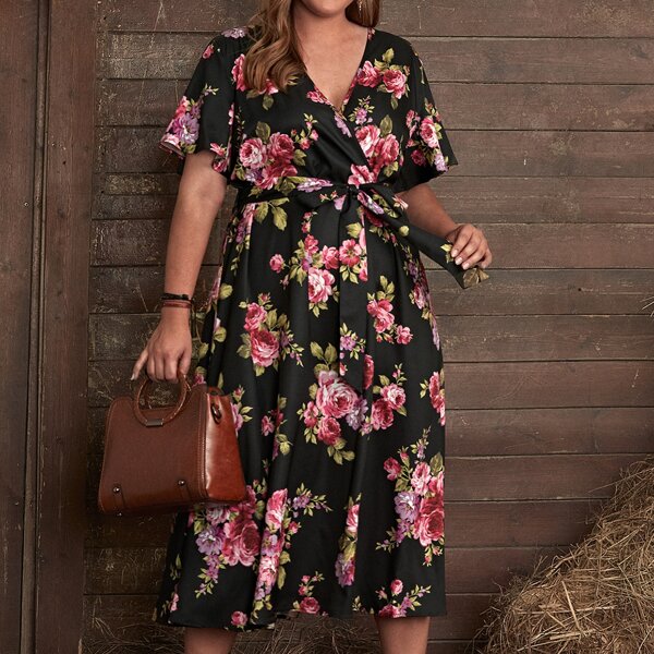 

Plus Floral Surplice Front Flutter Sleeve Belted Dress, Multicolor