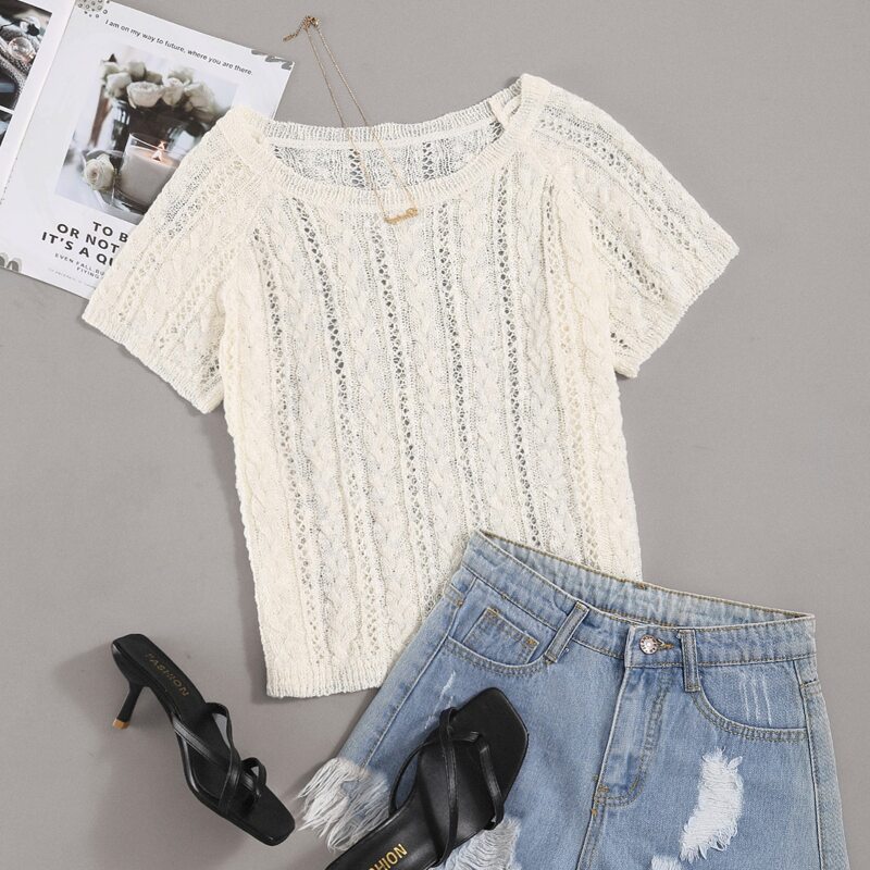 

Raglan Sleeve Pointelle Knit Top, Beige