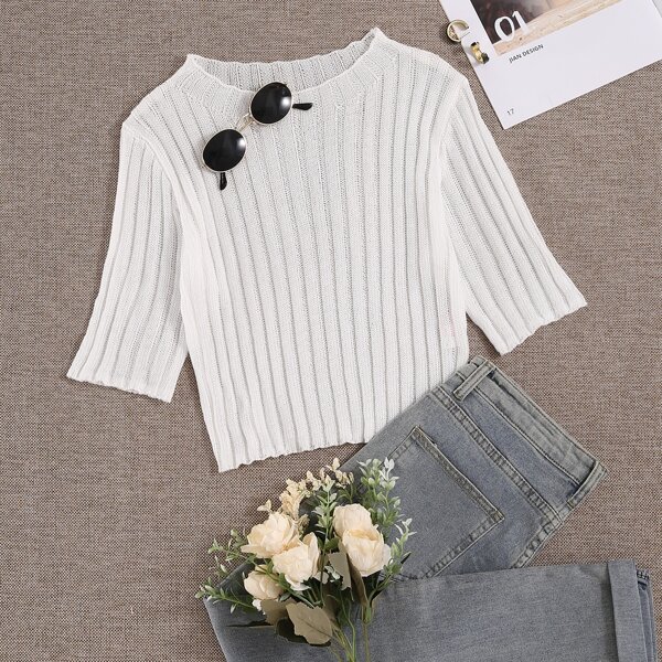 

Solid Ribbed Knit Top, White