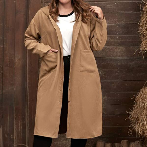 

Plus Dual Pockets Drop Shoulder Hooded Coat, Camel
