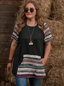 EMERY ROSE 大碼條紋袋鼠口袋插肩袖T恤 - 黑色 - 查看 1