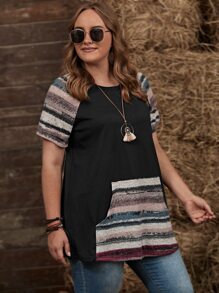 EMERY ROSE 大碼條紋袋鼠口袋插肩袖T恤 - 黑色 - 查看 5