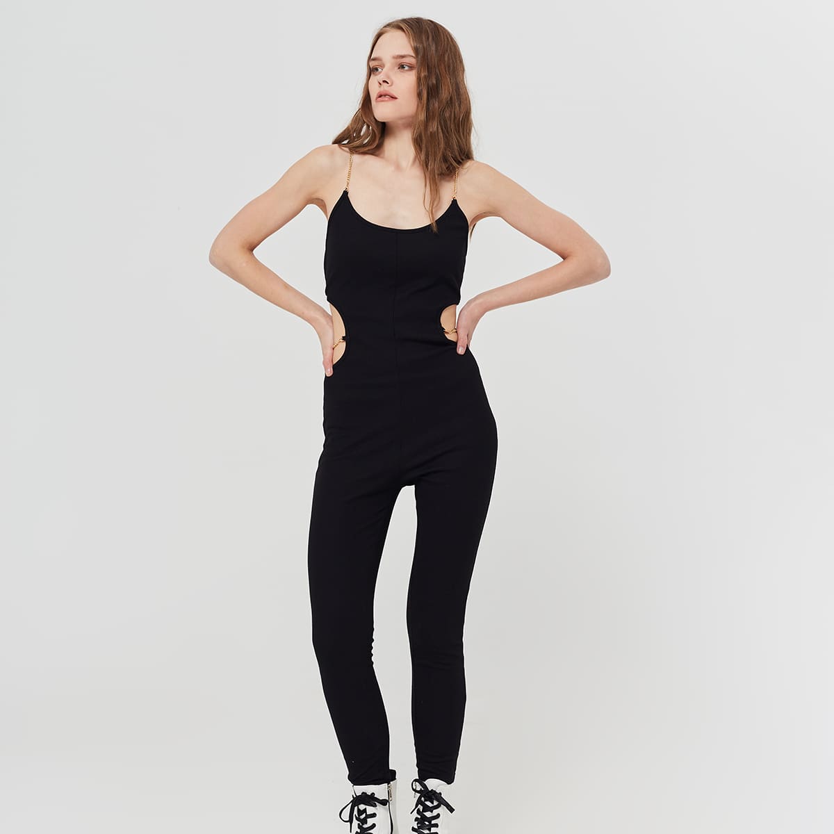 

Cut Out Waist Rhinestone Chain Strap Jumpsuit, Black