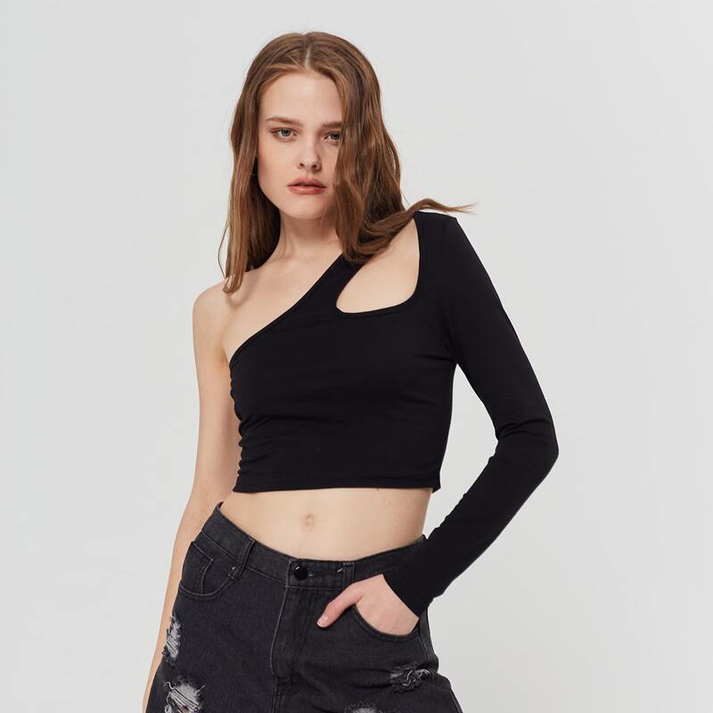 

One Shoulder Cutout Front Crop Top, Black