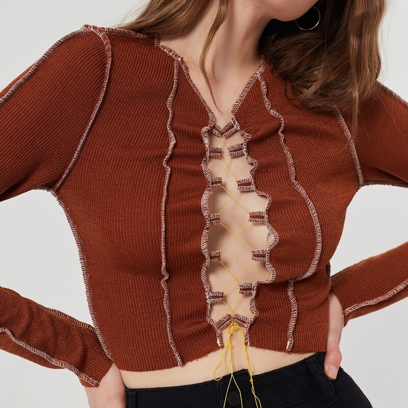 

Lace Up Topstitching Ribbed Top, Brown